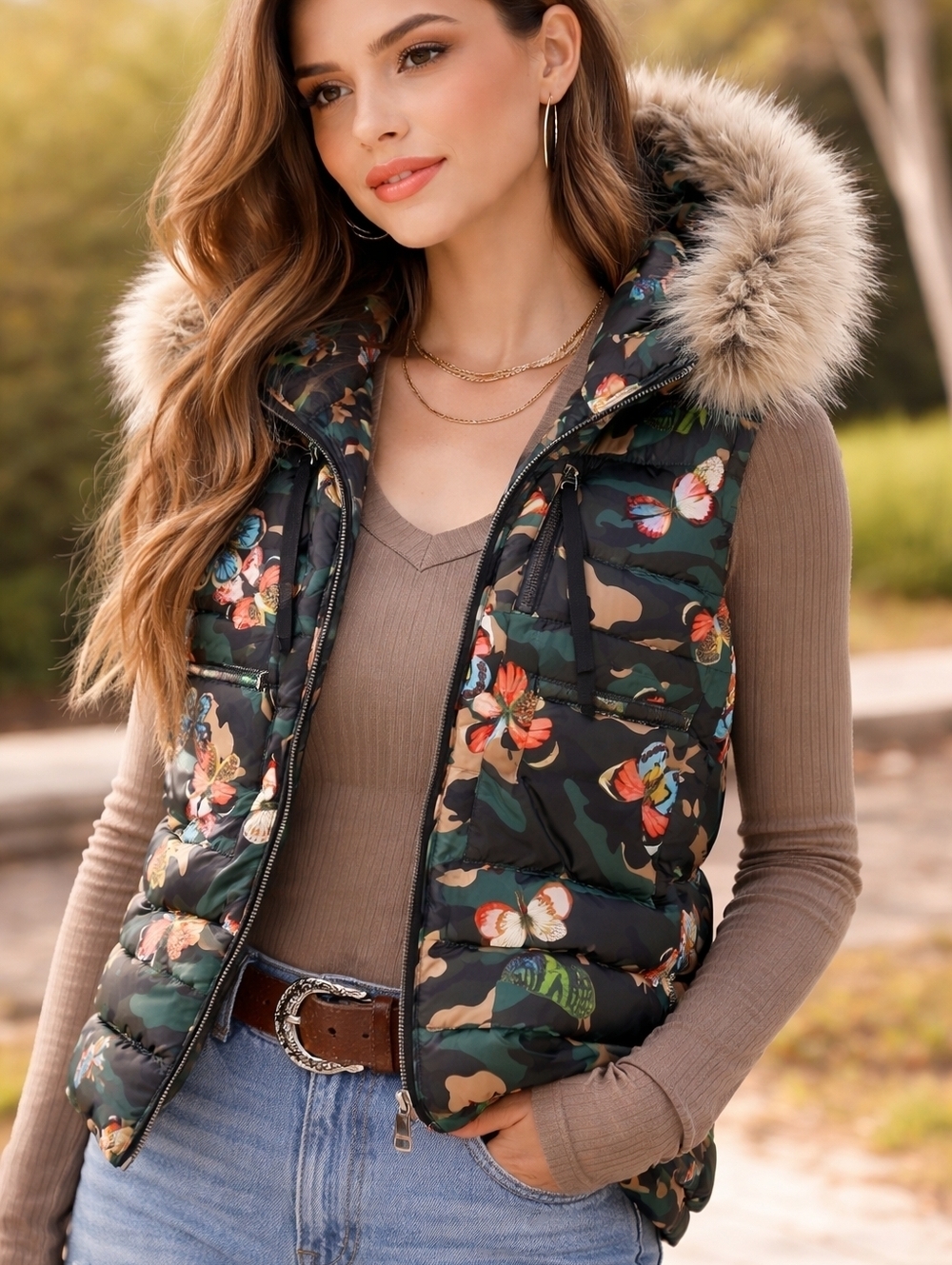 Camo Butterfly Puffer Vest With Real Fur Trim Hood